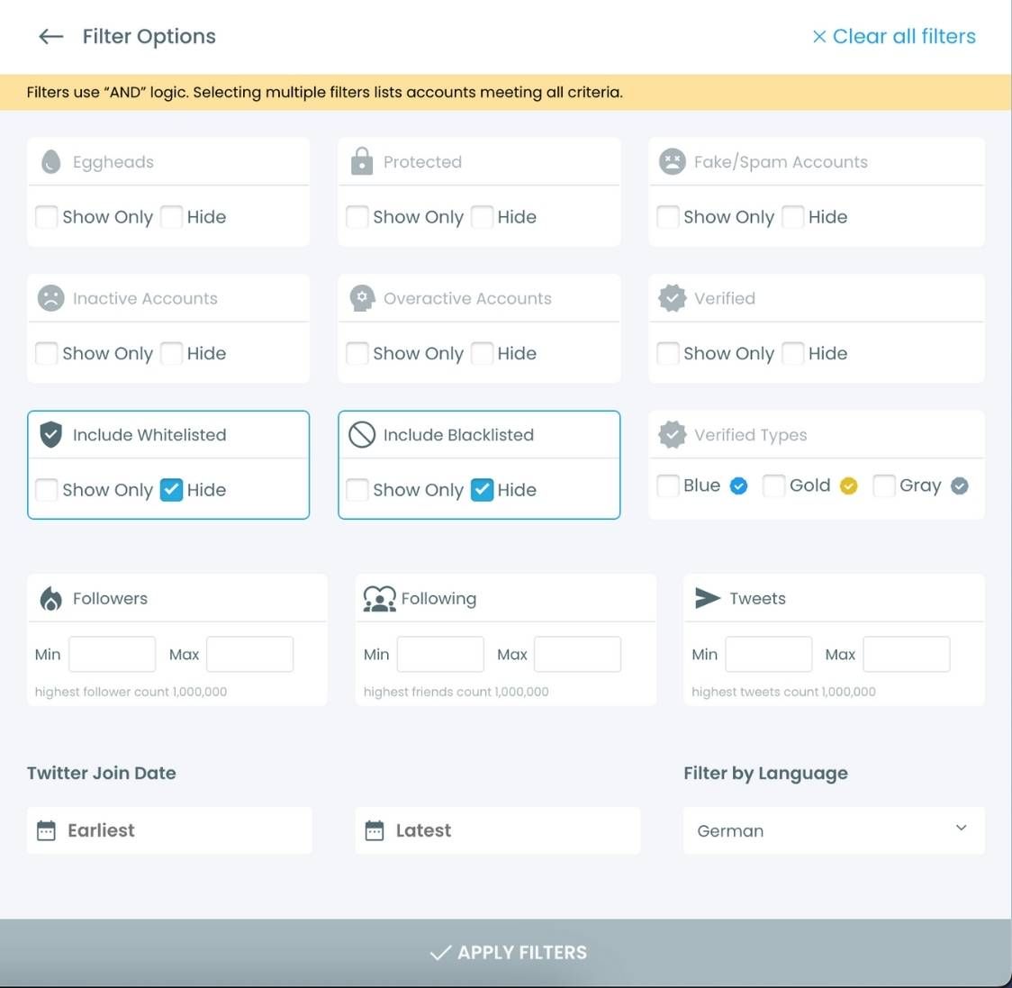 Circleboom offers advanced Twitter account filtering.