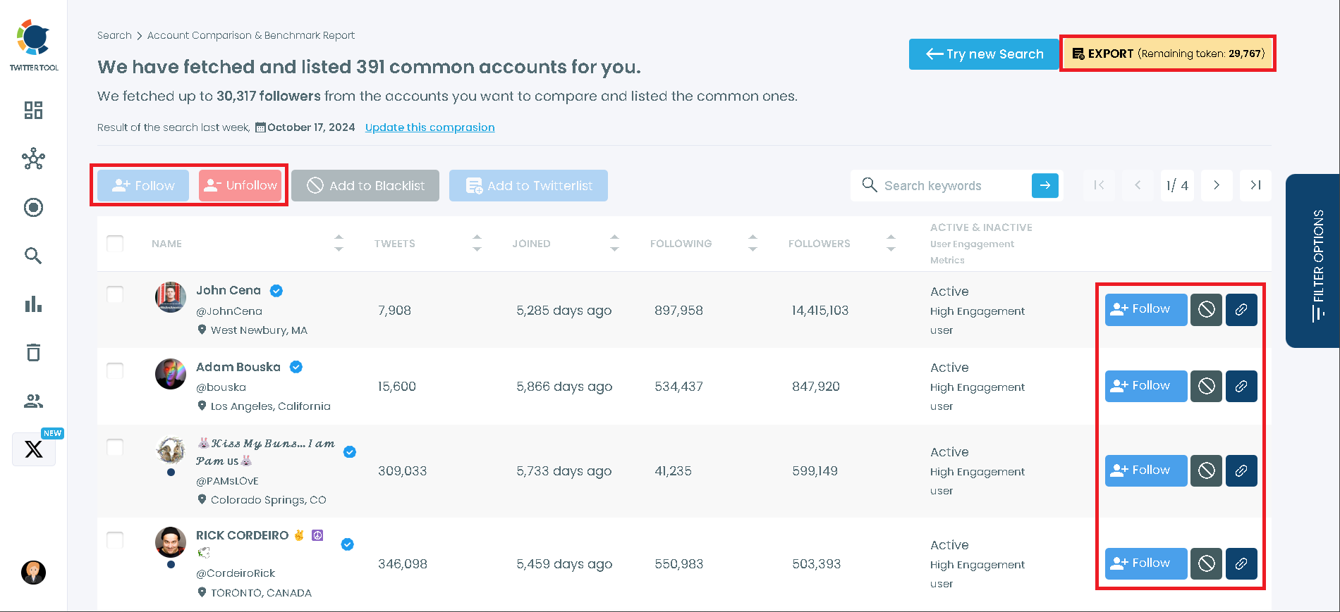 Follow, unfollow, or export common followers between Twitter accounts