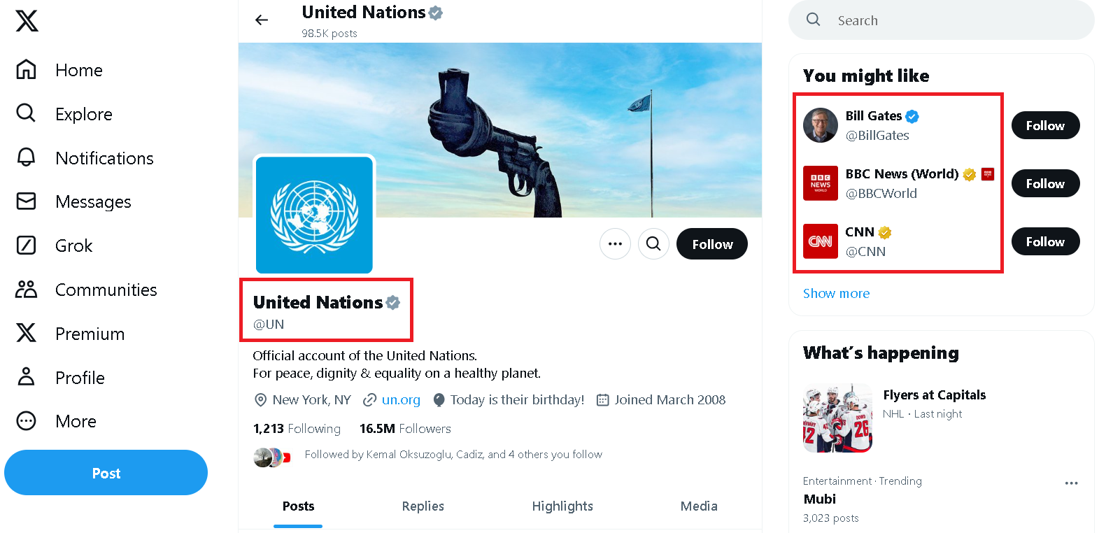 UN has a grey checkmark, but Bill Gates or CNN don't.