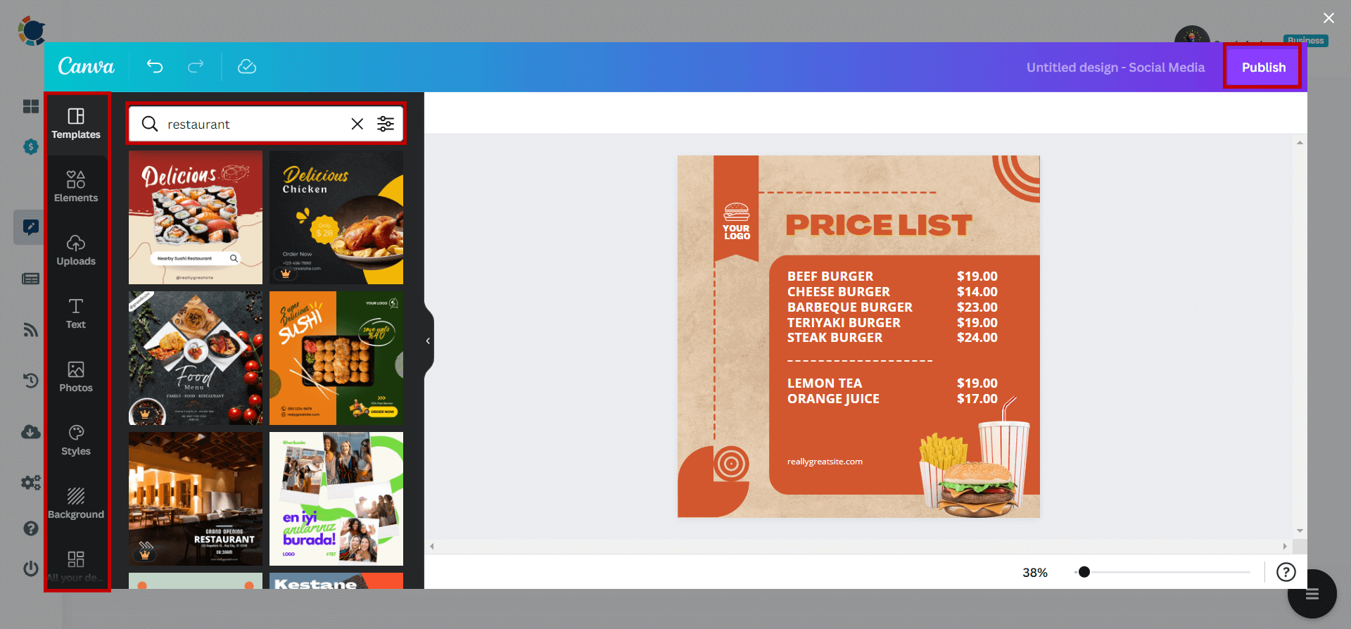 Price and Menu templates