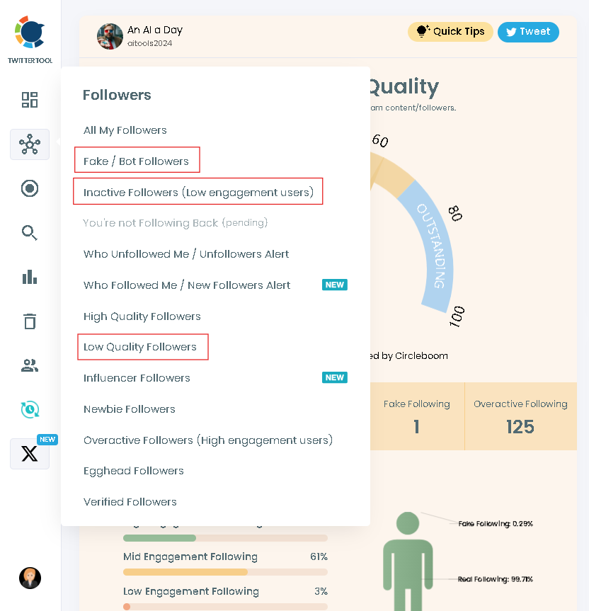 Remove fake, bot or inactive Twitter followers with the help of Circleboom