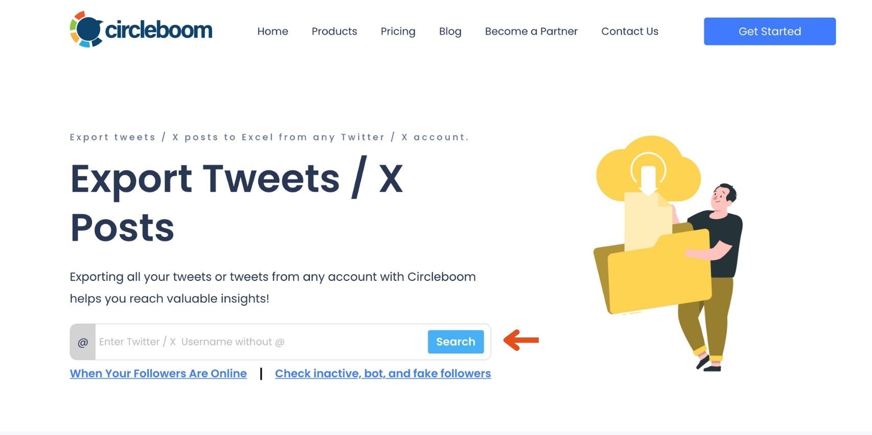 Circleboom export page with a field to enter Twitter username and a search button.