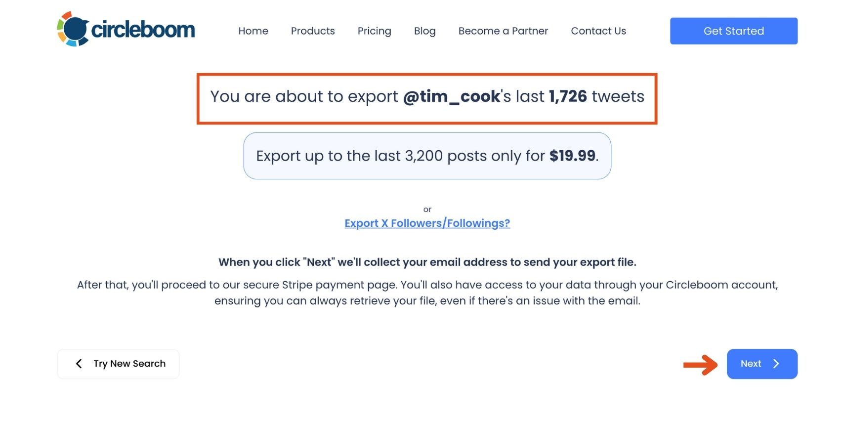 Circleboom confirmation screen showing the total number of tweets available for export.