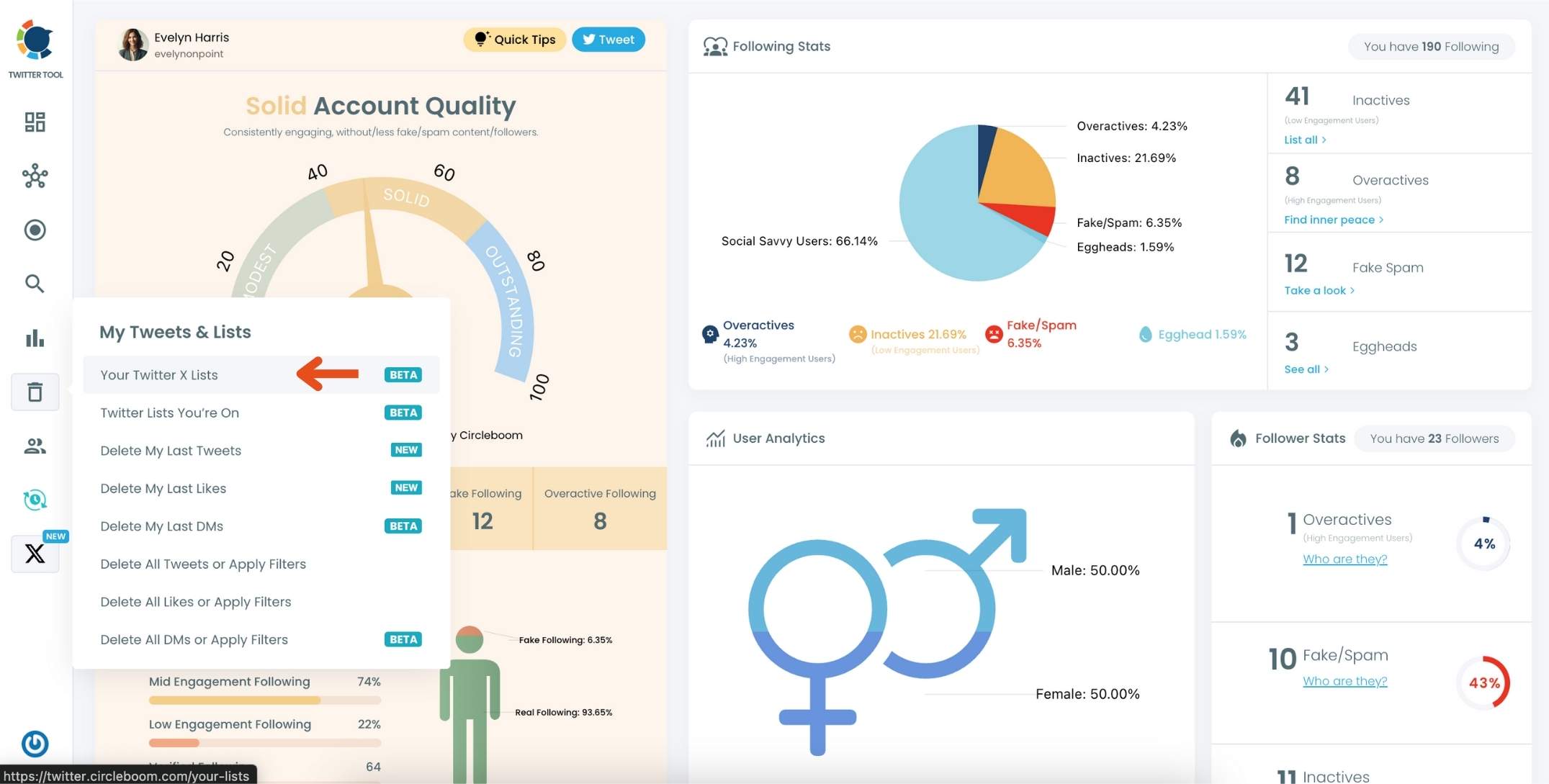 Circleboom dashboard with 'Your Twitter X Lists' highlighted in the menu.