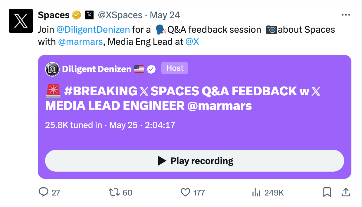 An example Twitter Space Record after it ended