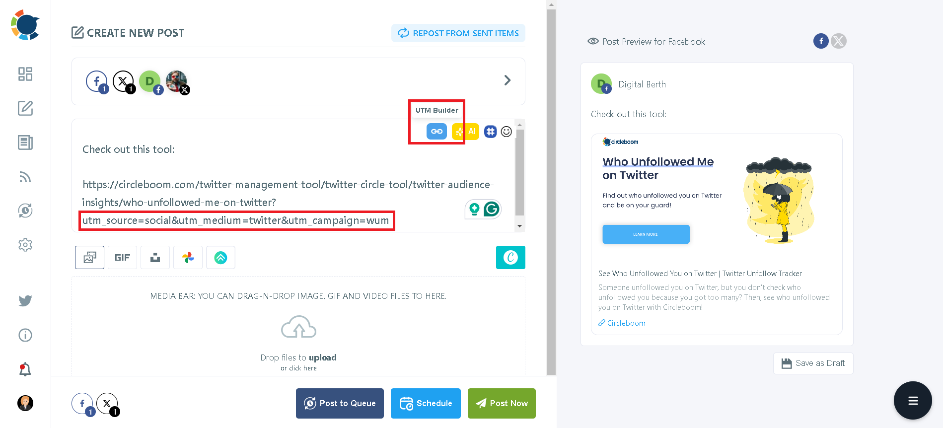 You can add UTM parameters for social media posts via Circleboom