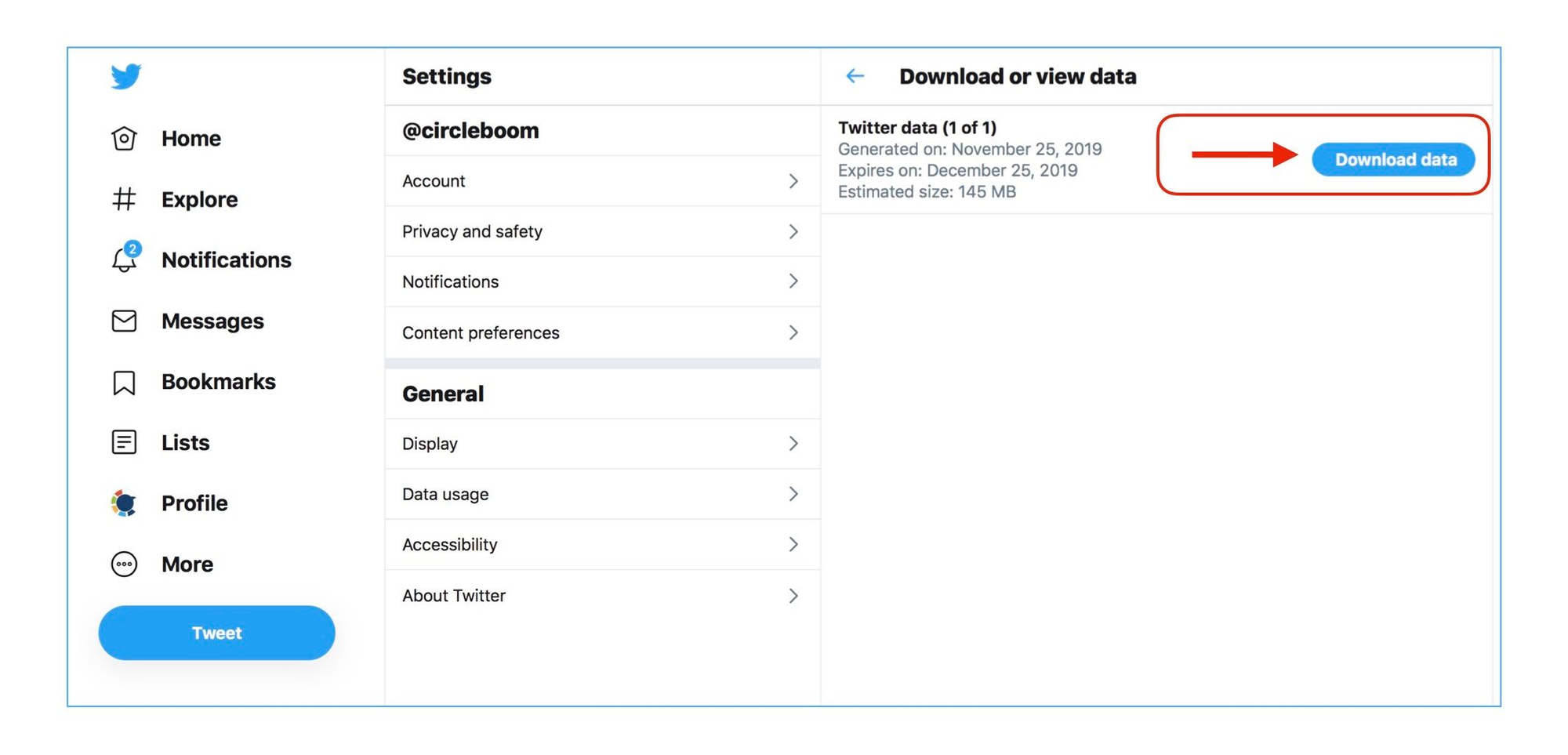 Download your tweets after clicking on "Download data"