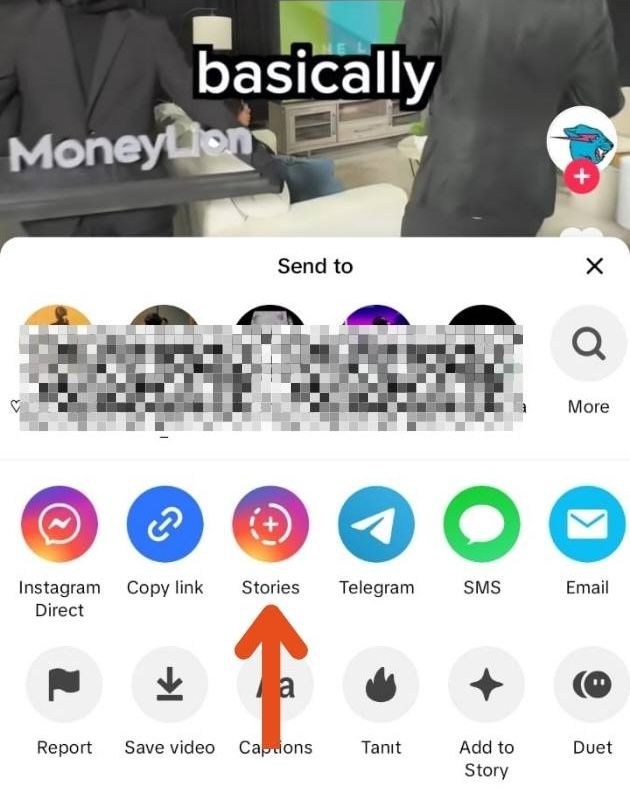 Tap the share button (the arrow icon) and select “Instagram Story.