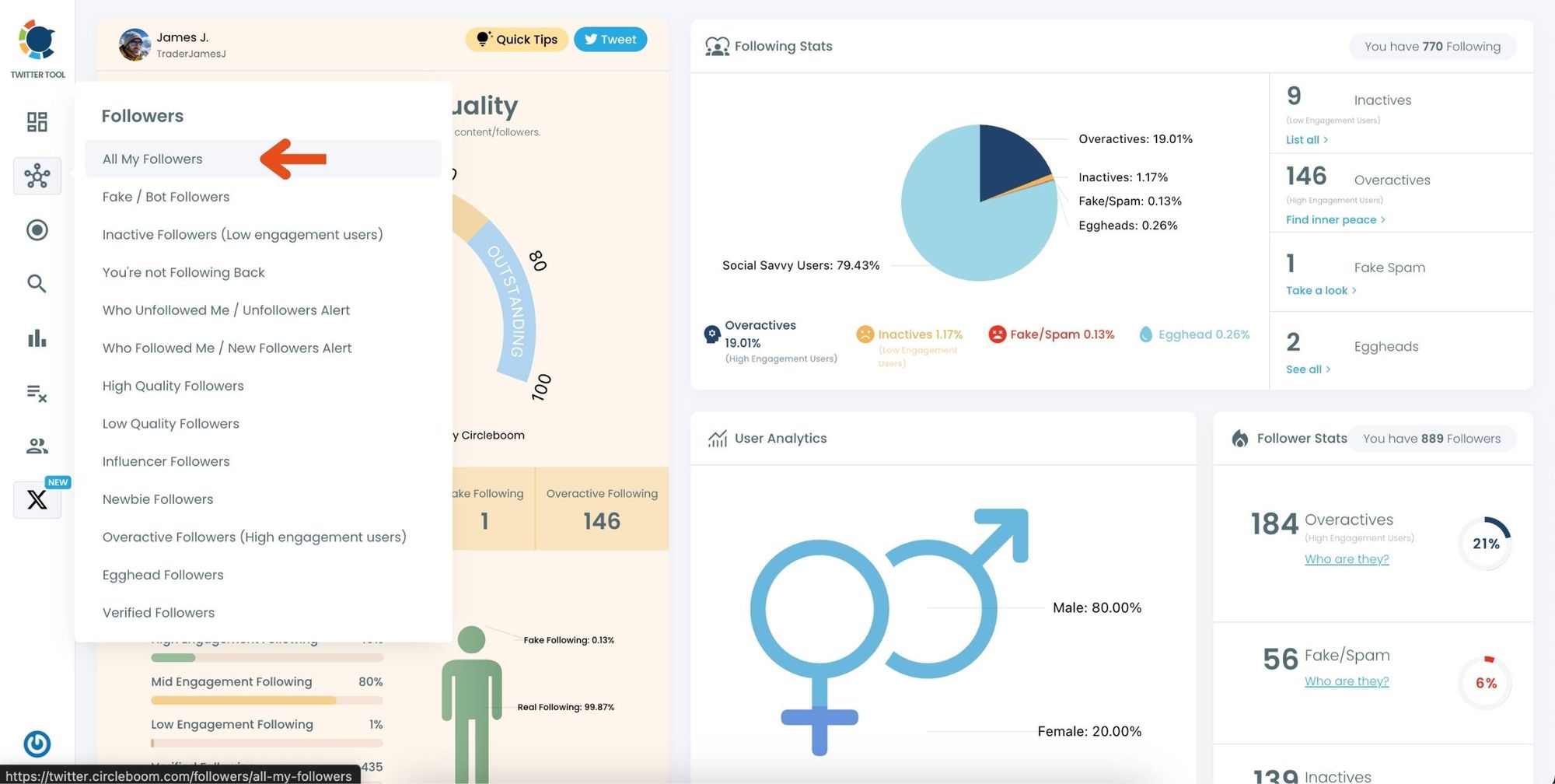 You can detect overactive and inactive Twitter accounts, fake and spam users, eggheads and non-followers with a simple Twitter follow check on Circleboom Twitter.