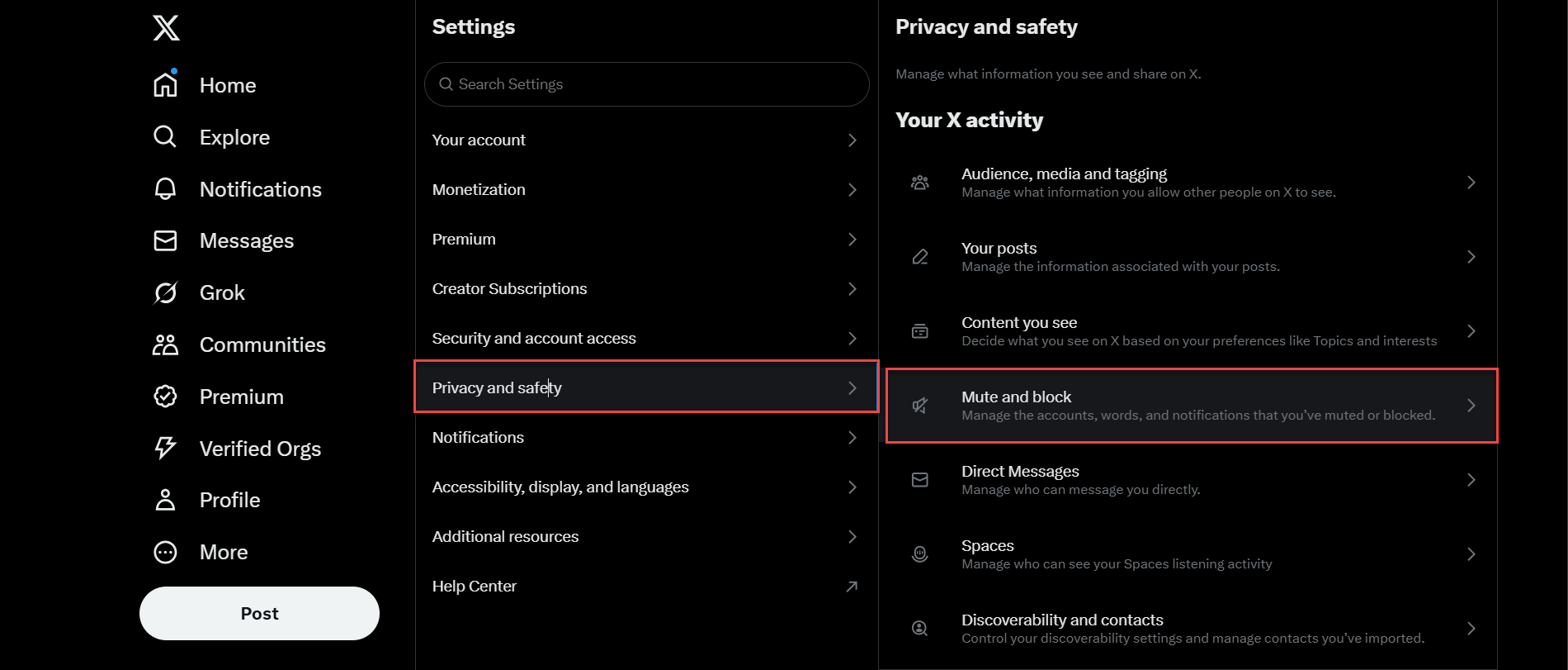 Privacy and Safety > Mute and block
