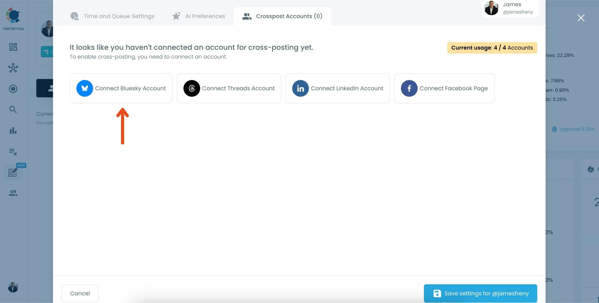 Here, you can connect to other platforms like Bluesky, Threads, LinkedIn and Facebook.