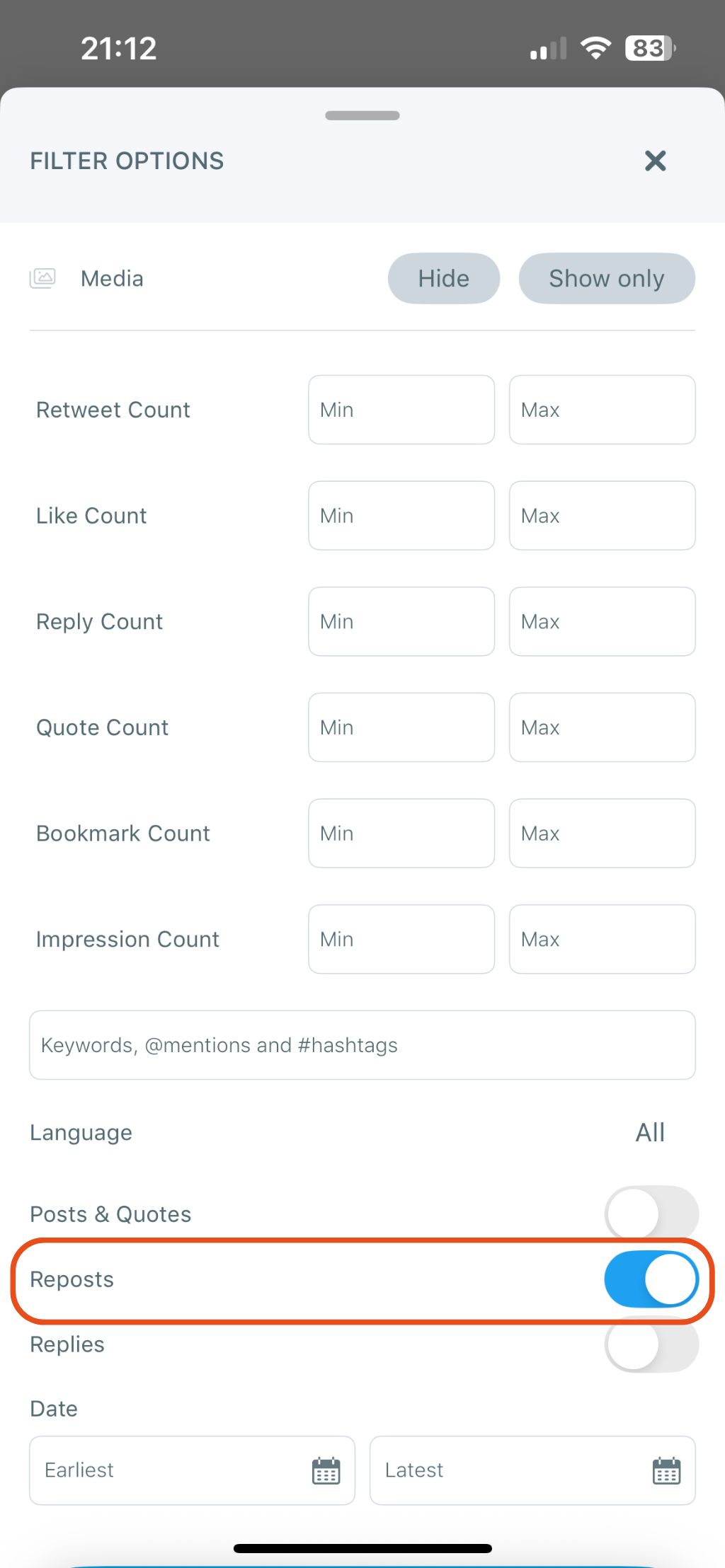 Toggle ON: Reposts