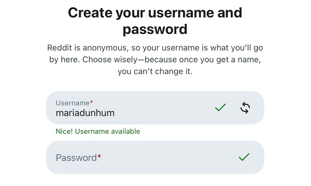 Create account with a valid username
