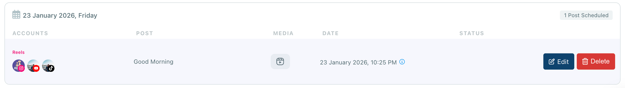 A video example scheduled for Instagram, TikTok, and YouTube