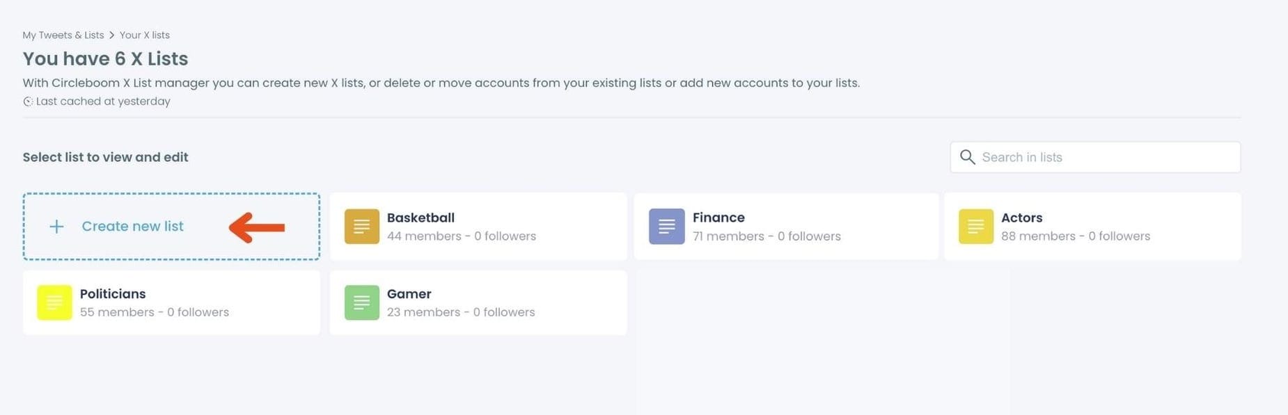 X Lists page showing existing lists and 'Create new list' option.