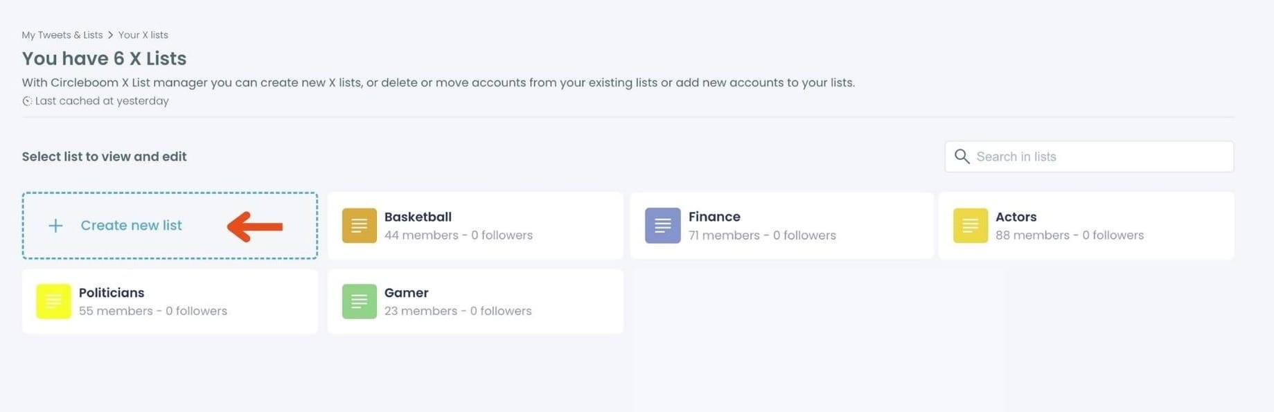  X Lists page showing existing lists and 'Create new list' option.