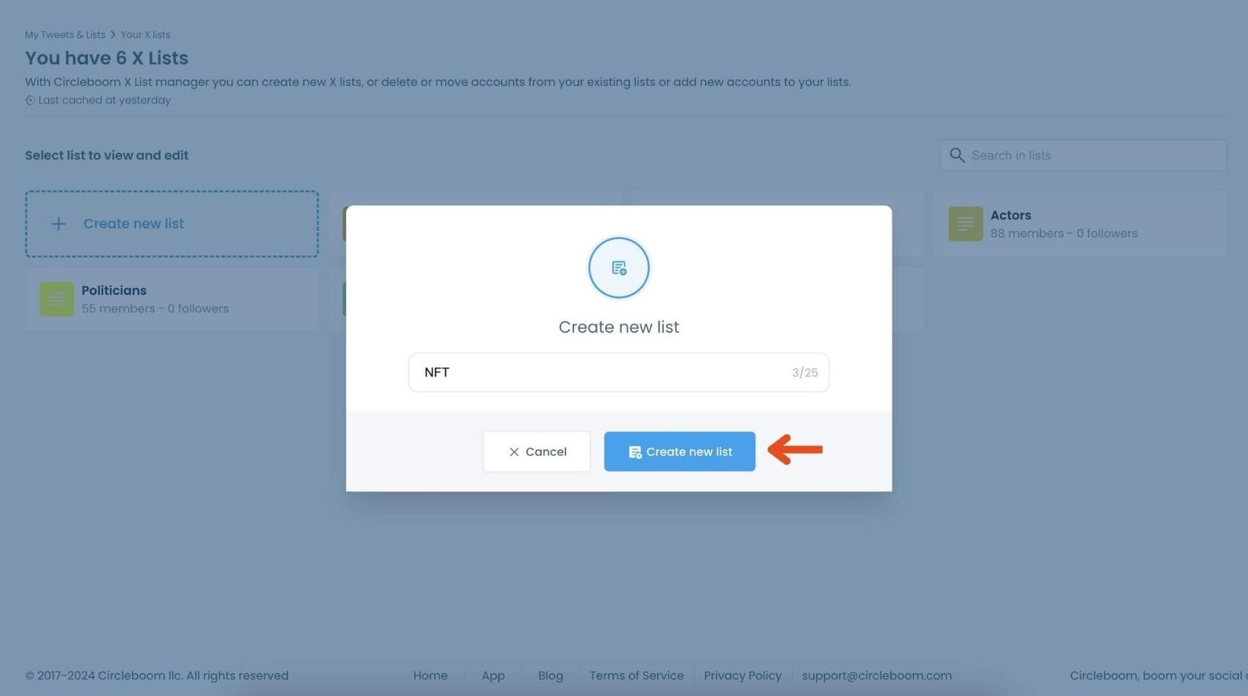 Pop-up to create a new list named 'NFT' with 'Create new list' button highlighted
