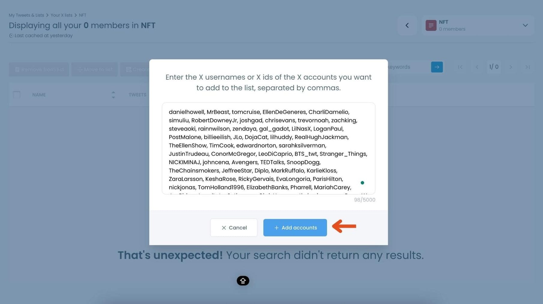 Pop-up for adding Twitter usernames to the list with 'Add accounts' button.