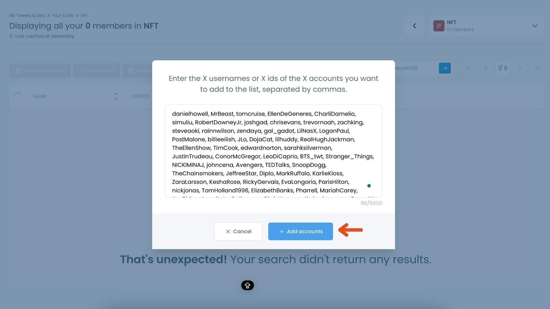 Pop-up for adding Twitter usernames to the list with 'Add accounts' button.
