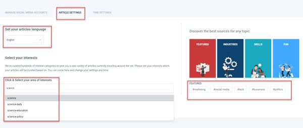 Choose article language and interest areas.