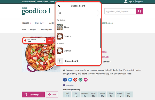 You can use Pinterest browser button to add the content as pins on your board on Pinterest.