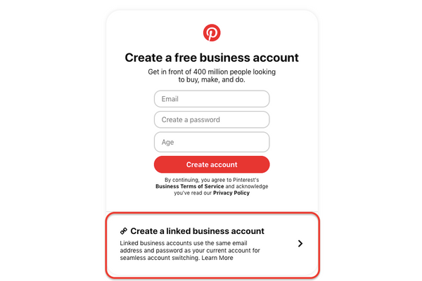 You can navigate the page to create a linked business account by clicking on the marked box.