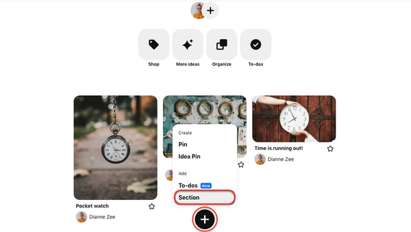 Click on the plus symbol to create Pinterest sections.