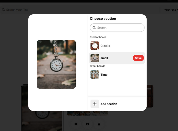 You can save your pin under a section by clicking on the save button next to the sub-board you want.